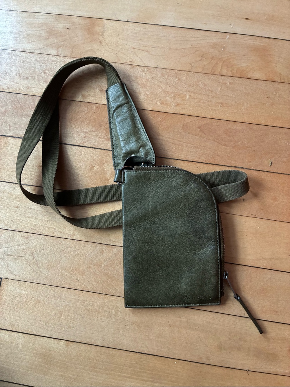 Rick Owens Olive Green Leather Sling Pouch